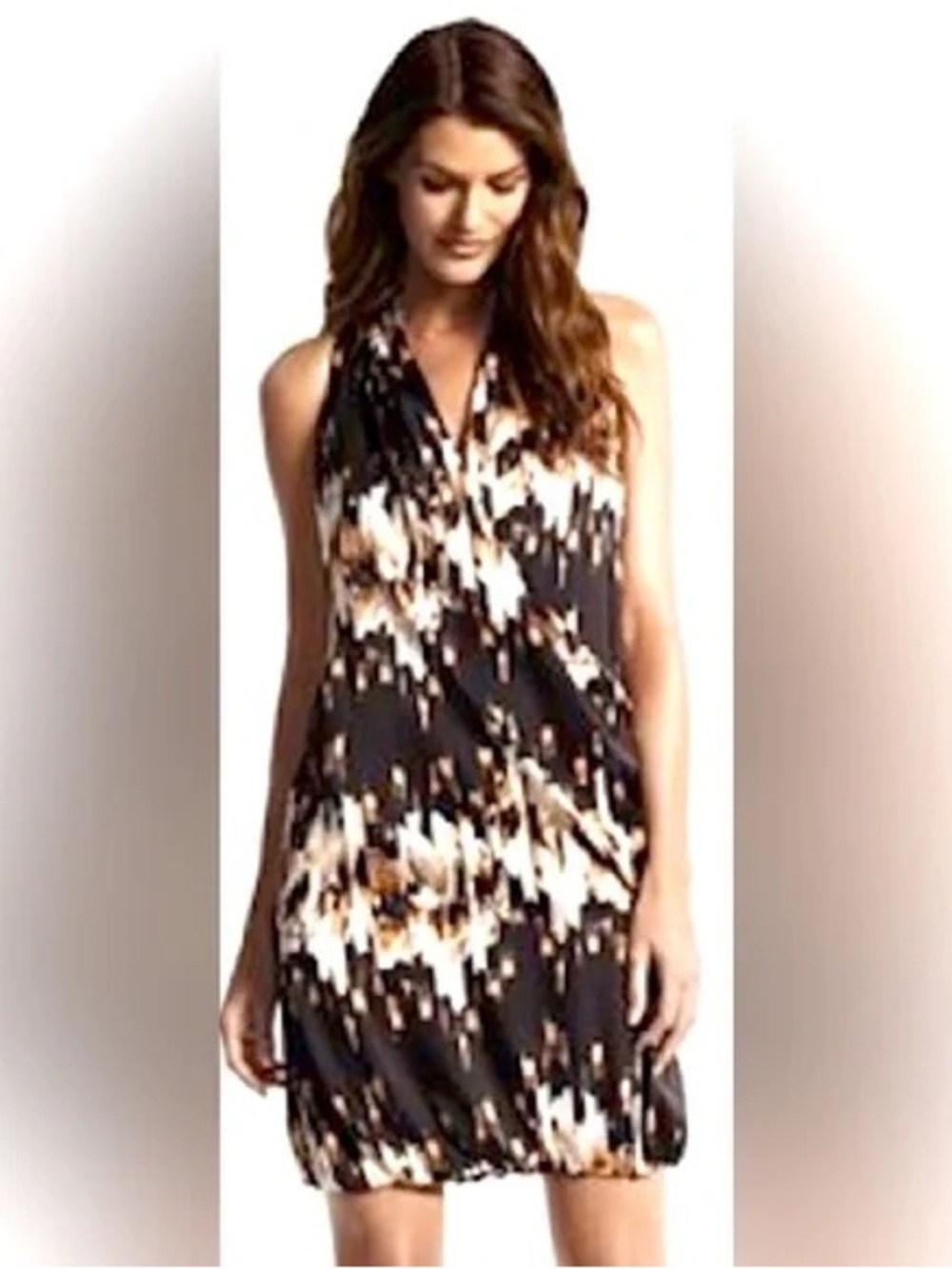 Derek Lam Black, Cream and Brown Abstract Print Bubble Dress Large